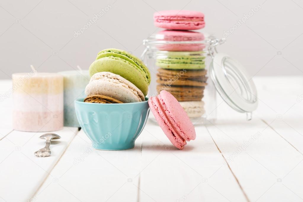 Homemade  macaroons on white table.