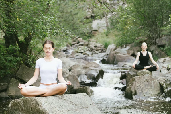 Mann und Frau beim Yoga in der Natur.. — Stockfoto