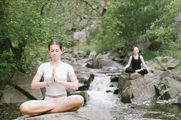 Mann und Frau beim Yoga in der Natur.. — Stockfoto