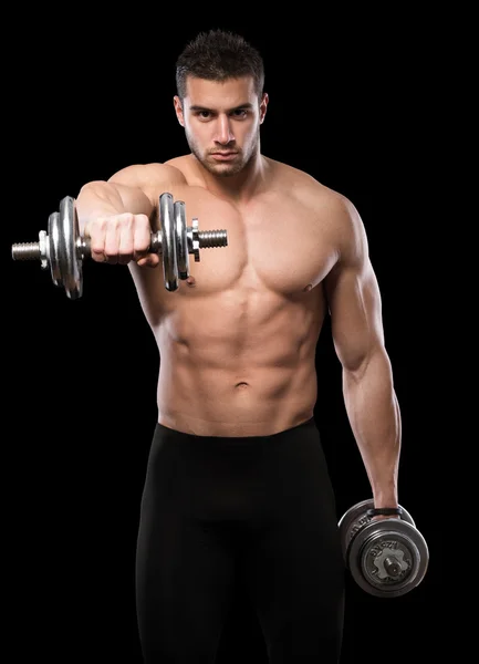 Muscular men exercise with dumbbells. Royalty Free Stock Images