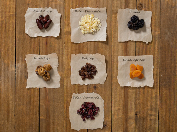 Dried fruit on the vintage table.