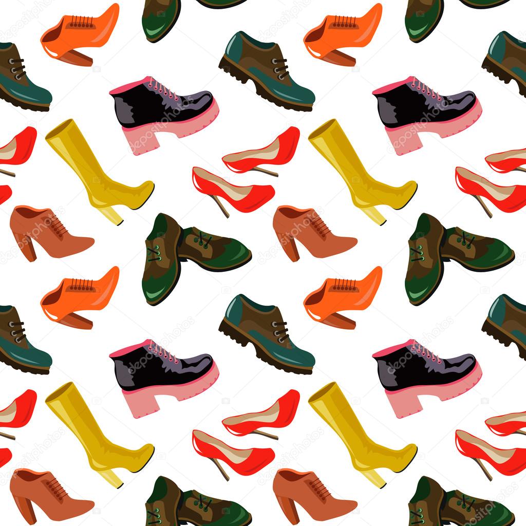 Seamless vector pattern with different types of shoes