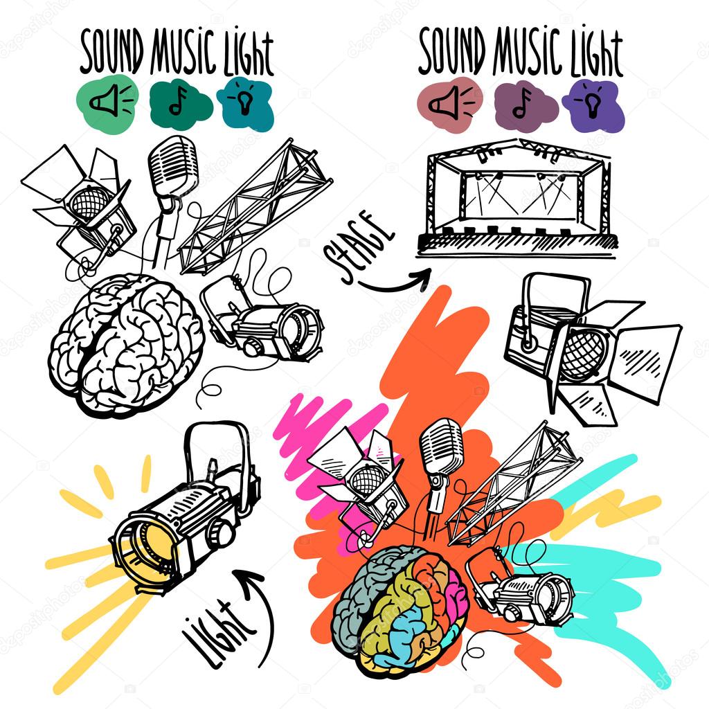 Sound, music and light vector set in  hand-drawn style. Microphone, spotlight, stage.