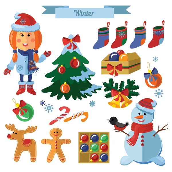 Vektör düz stil kış tatil ayarla..