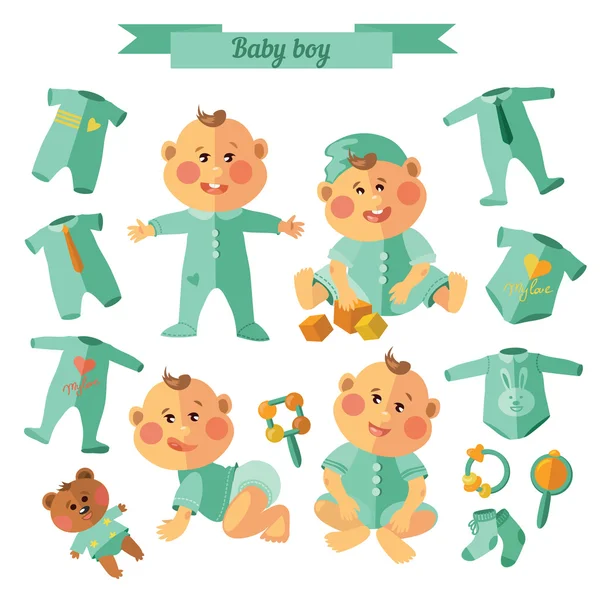 Set con bebé niño, ropa de bebé, sonajeros y juguetes . — Vector de stock