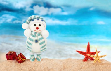 Noel kartı ile deniz kenarı bir kardan adam