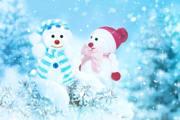 Deux Bonhomme Neige Joyeux Debout Dans Paysage Noël Hiver — Photo