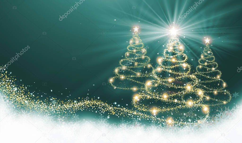 Golden Christmas Tree In Green Festive Background