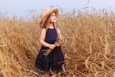 doğa, yaz tatili, tatil ve insanlar kavramı - siyah elbise güneş şapkalı tahıl sahada zevk mutlu genç kadın