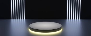 Soyut karanlık ışık sahnesi. Ürün için ışıklandırma arka planına sahip yuvarlak şekilli podyum. 3d oluşturma