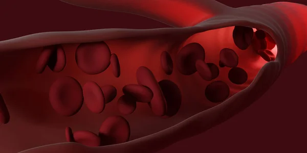 Rode bloedcellen stromen door de aderen. Sluit het zicht van binnenuit. 3d weergave. Microtechnologie voor geneeskunde en wetenschap. — Stockfoto