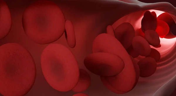 Damarlarında kırmızı kan hücreleri akıyor. İçeriden yakın görüş. 3D görüntüleme. Tıp ve bilim mikro teknolojisi.