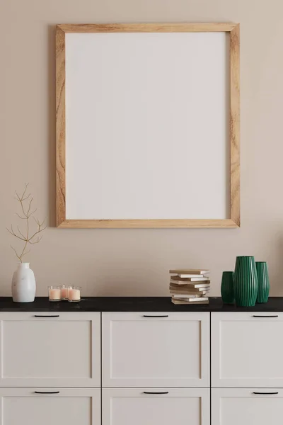 Prázdný zarámovaný tisk na bílou stěnu v krásném dánském stylu interiérového pokoje — Stock fotografie
