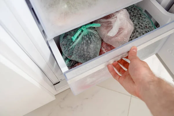 Különböző fagyasztott bogyók műanyag zacskókban a hűtőszekrényben. Élelmiszer raktár. Fagyasztott élelmiszer — Stock Fotó