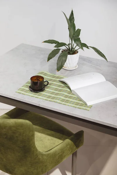 Modern minimalist işyeri. Yeşil kadife koltuk ve beyaz tencerede ev bitkisi olan çatı katı masası. — Stok fotoğraf