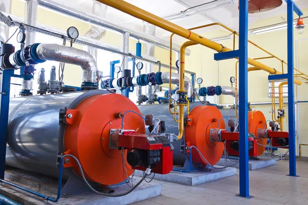 Industrial boiler equipment with gas burner at plant — 스톡 사진