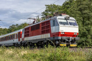 Eski elektrikli bir lokomotif. Yolcu vagonlarını çekiyor. Yaprak döken bir ormanın yanında..