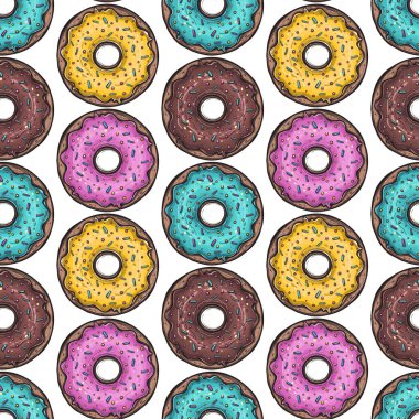 Kusursuz desen. Vektör çizimi. Beyaz arkaplanda renkli tatlı çörekler