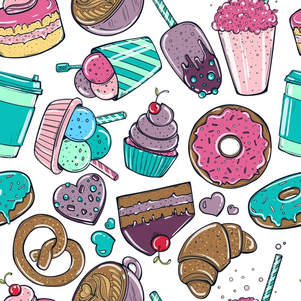 Nahtloses Muster Mit Süßigkeiten Donuts Süßem Eis Und Anderen Elementen — Stockvektor