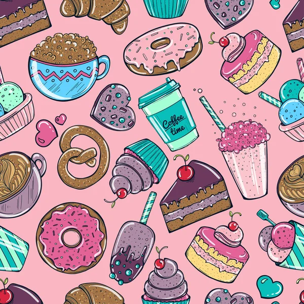 Şekerli kusursuz desenler, tatlı dondurmalar ve diğer elementler. Çizgi roman tarzında pembe arkaplanda vektör.