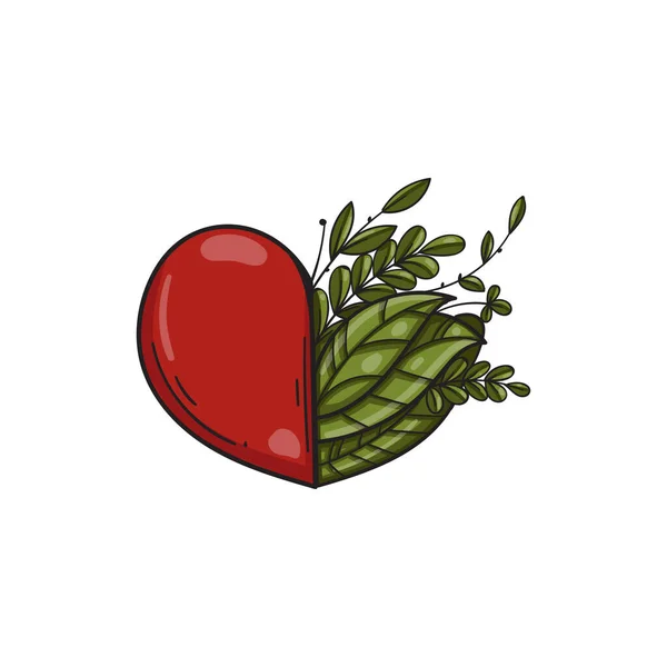 Símbolo Coração Com Folhas Verdes Ilustração Isolada Vetor — Vetor de Stock