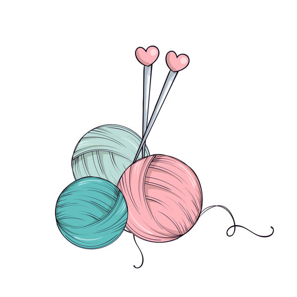 Мяч пряжи и иглы в стиле каракули изолированы на белом фоне. Векторная иллюстрация.