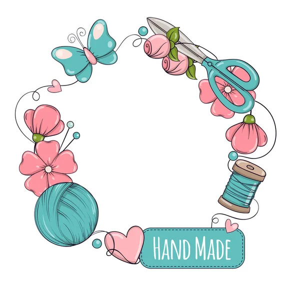 El yapımı sancak şablonu, örgü, dikiş. Karalama tarzında dikiş ve örgü özellikleriyle çerçevelenmiş. Vektör illüstrasyonu.