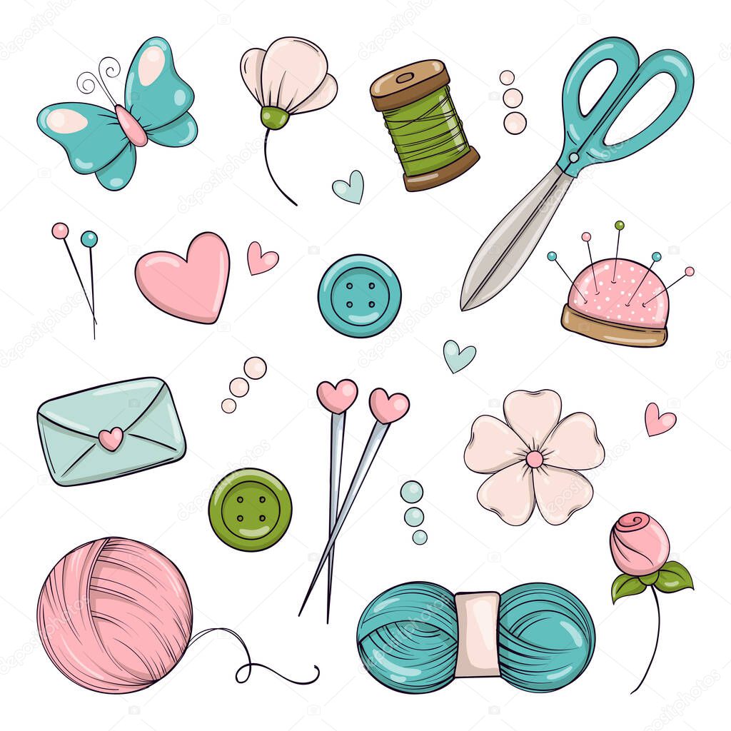 Handmade. Set of elements for knitting, sewing and needlework in doodle style. Vector illustration.