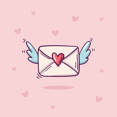 Pembe arka planda kalp damgalı ve kanatlı uçan bir zarf. Sevgililer Günü