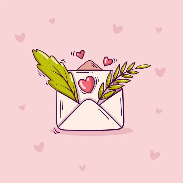 Άνοιγμα Φακέλου Γράμμα Αγάπης Και Πράσινα Φύλλα Στυλ Doodle Ροζ — Διανυσματικό Αρχείο