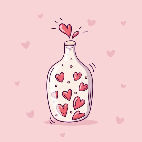 Милая Стеклянная Бутылка Красными Сердцами Стиле Каракулей Розовом Фоне Сердечками — стоковый вектор