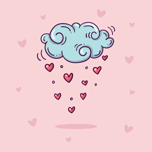Illustration Cloud Rain Red Hearts Doodle Style Pink Background — Stock Vector