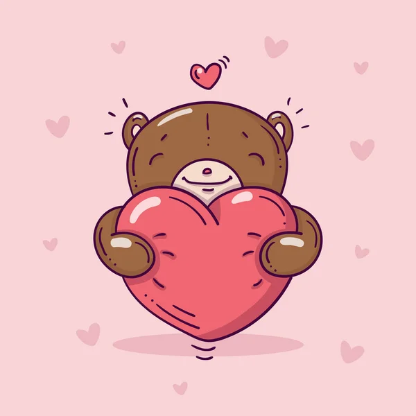 Αρκουδάκι Μεγάλη Κόκκινη Καρδιά Στυλ Doodle Ροζ Φόντο Καρδιές — Διανυσματικό Αρχείο