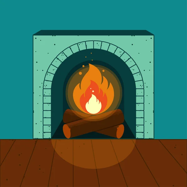 Lighted Fireplace Background Cozy Interior Vector Illustration Flat Design — Stock Vector