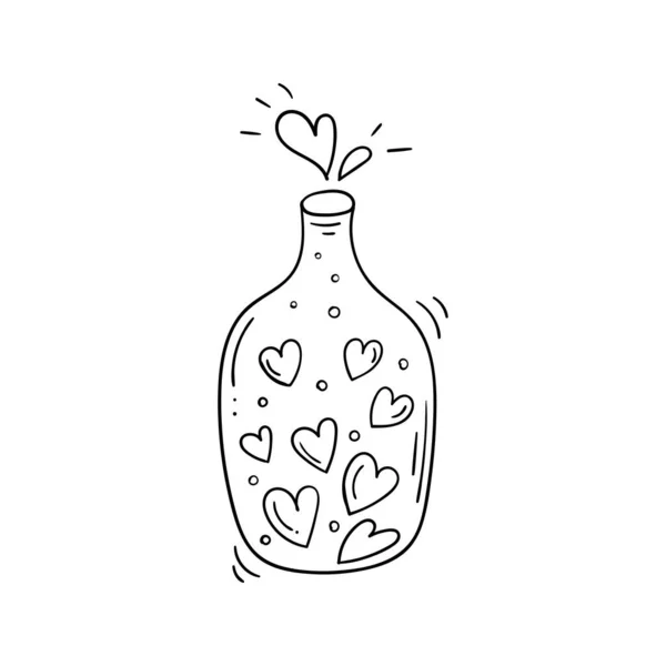 Black White Cute Glass Bottle Hearts Doodle Style — Stock Vector