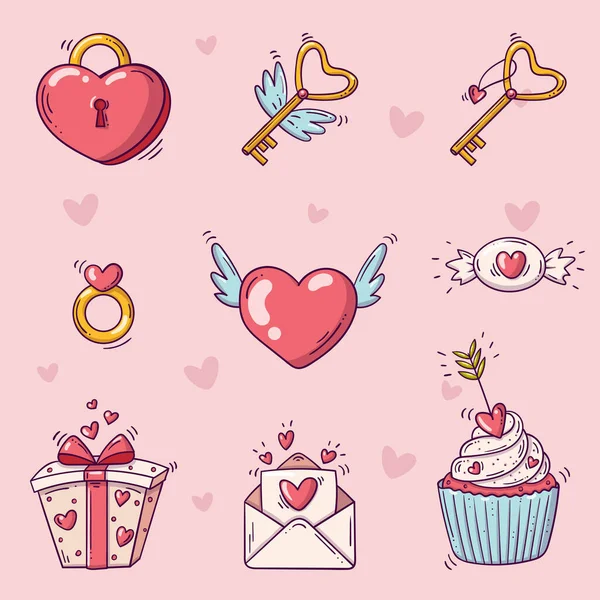 Conjunto de elementos para o dia de S. Valentim no estilo doodle no fundo rosa com corações —  Vetores de Stock