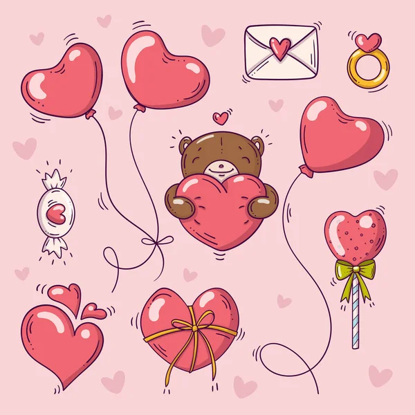 Elementsatz zum Valentinstag im Doodle-Stil auf rosa Hintergrund mit Herzen — Stockvektor