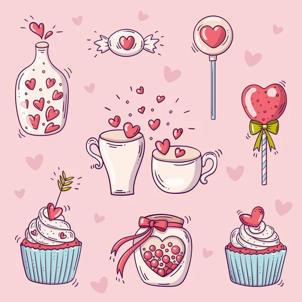 Set de elementos para San Valentín en estilo garabato sobre fondo rosa con corazones — Vector de stock