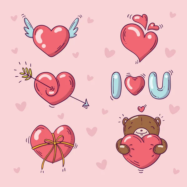 Elementsatz zum Valentinstag im Doodle-Stil auf rosa Hintergrund mit Herzen — Stockvektor