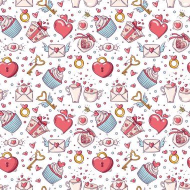 Sevgililer günü ve beyaz arkaplanda karalama tarzında nesnelerle kusursuz desen