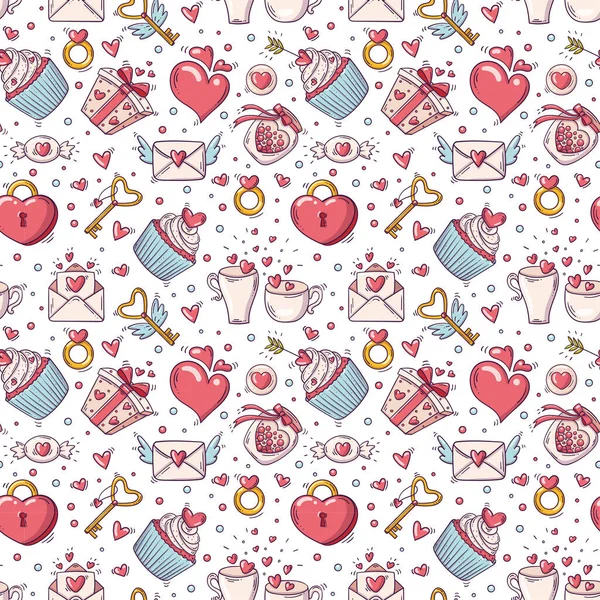 Modèle sans couture avec la Saint-Valentin et les objets d'amour dans le style doodle sur fond blanc — Image vectorielle