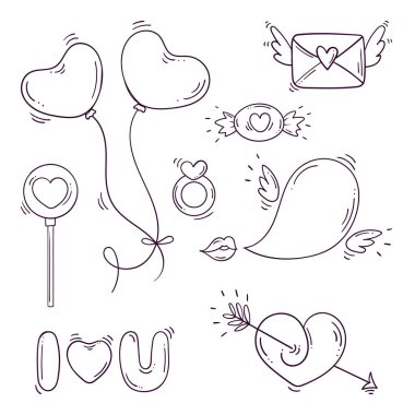 Sevgililer Günü için karalama tarzında siyah beyaz unsurlar.