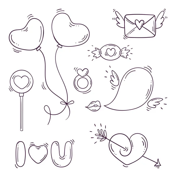 Set of black and white elements for st. Valentines day in doodle style — Stock Vector