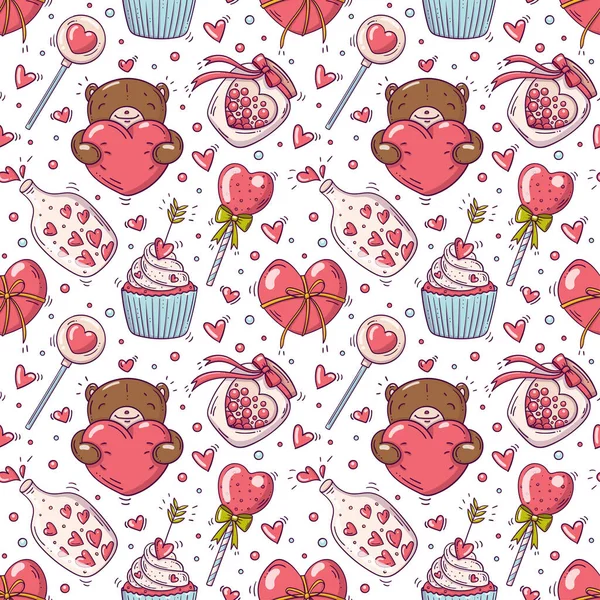 Sevgililer günü ve beyaz arkaplanda karalama tarzında nesnelerle kusursuz desen