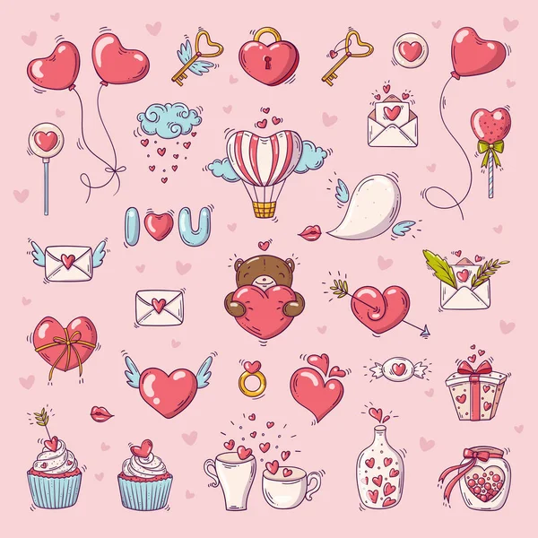 Großes Set von Elementen für den Valentinstag im Doodle-Stil auf rosa Hintergrund mit Herzen — Stockvektor