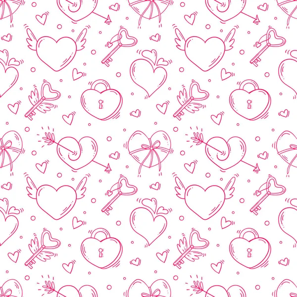 Naadloos patroon met Valentijnsdag en liefde monochrome objecten in doodle stijl op witte achtergrond — Stockvector