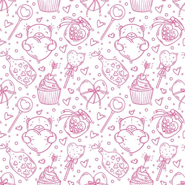 Seamless pattern with valentines day and love monochrome objects in doodle style on white background — Stock Vector