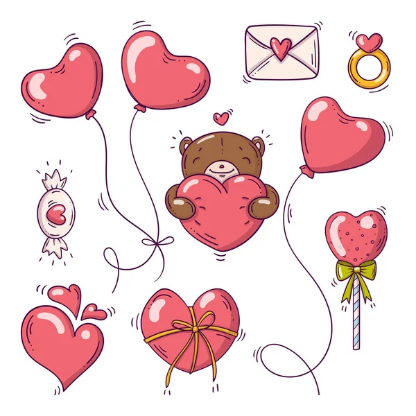 Conjunto de elementos para o dia de S. Valentim no estilo doodle no fundo branco —  Vetores de Stock