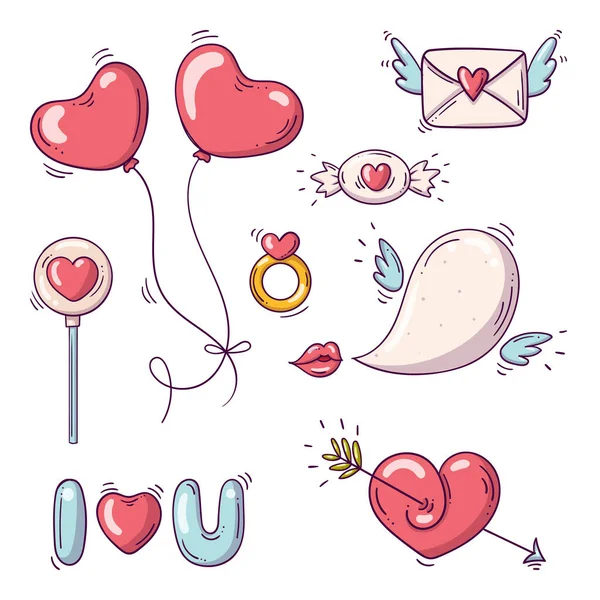 Set of elements for st. Valentines day in doodle style on white background — Stock Vector