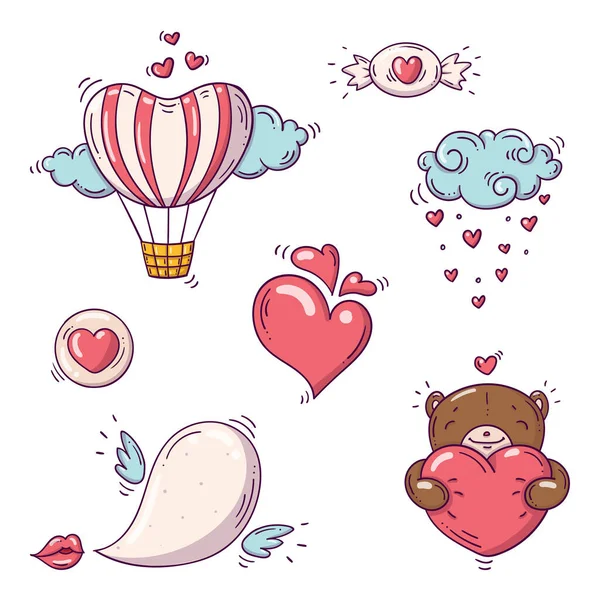 Set of elements for st. Valentines day in doodle style on white background — Stock Vector